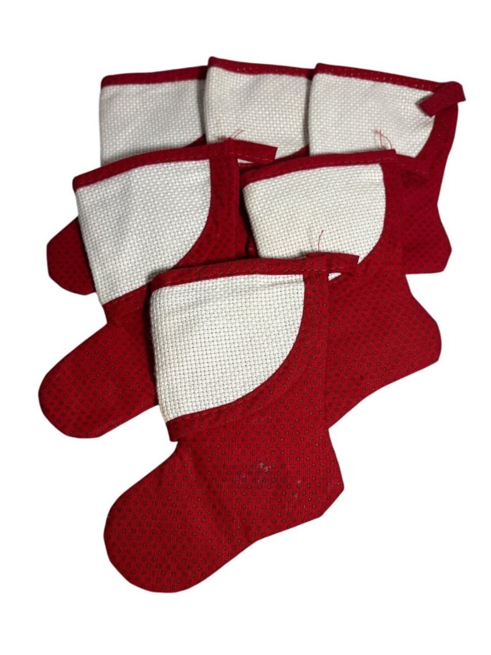 6 Red Christmas Stockings Mini Polka Dots Cross Stitch Aida Cloth Cuff 5"